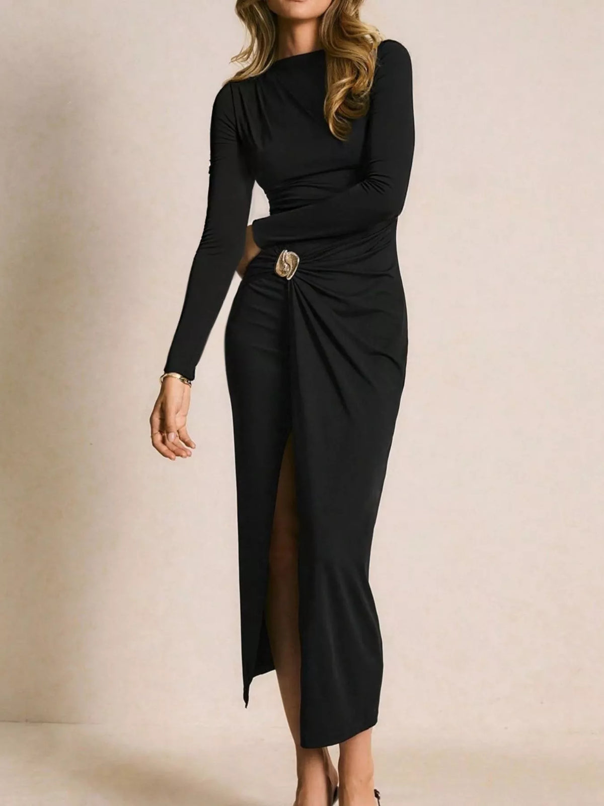 Kali Ruched Slit Long-Sleeve Bodycon Dress — view 3