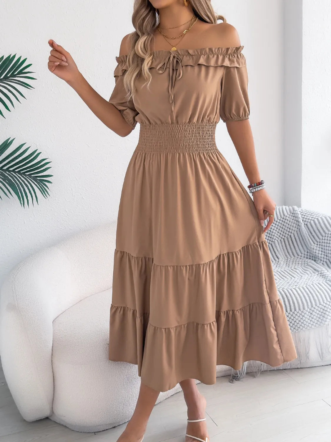 Venus Smocked Off-Shoulder Tiered Dress — view 14
