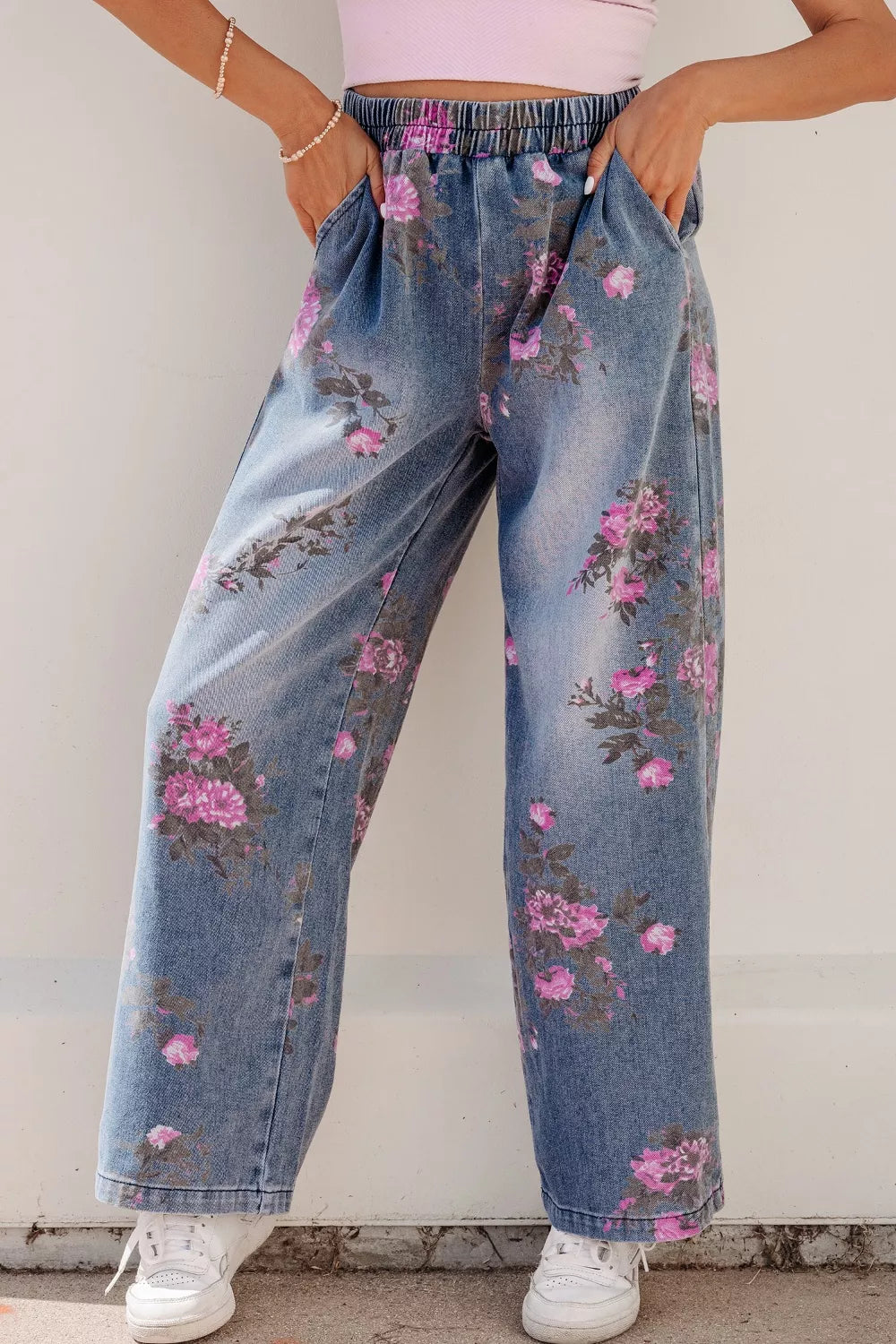 Olwen Floral Print Wide Leg Elastic Waist Jeans — view 3