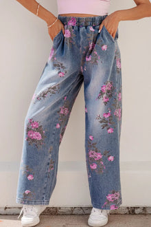 Olwen Floral Print Wide Leg Elastic Waist Jeans — thumbnail 3