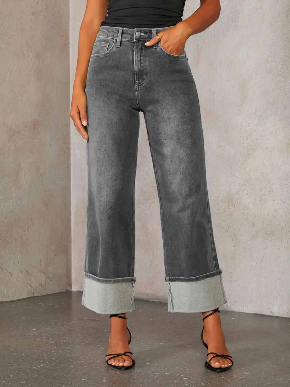 Eos High Waisted Straight Leg Rolled Jeans — view 9