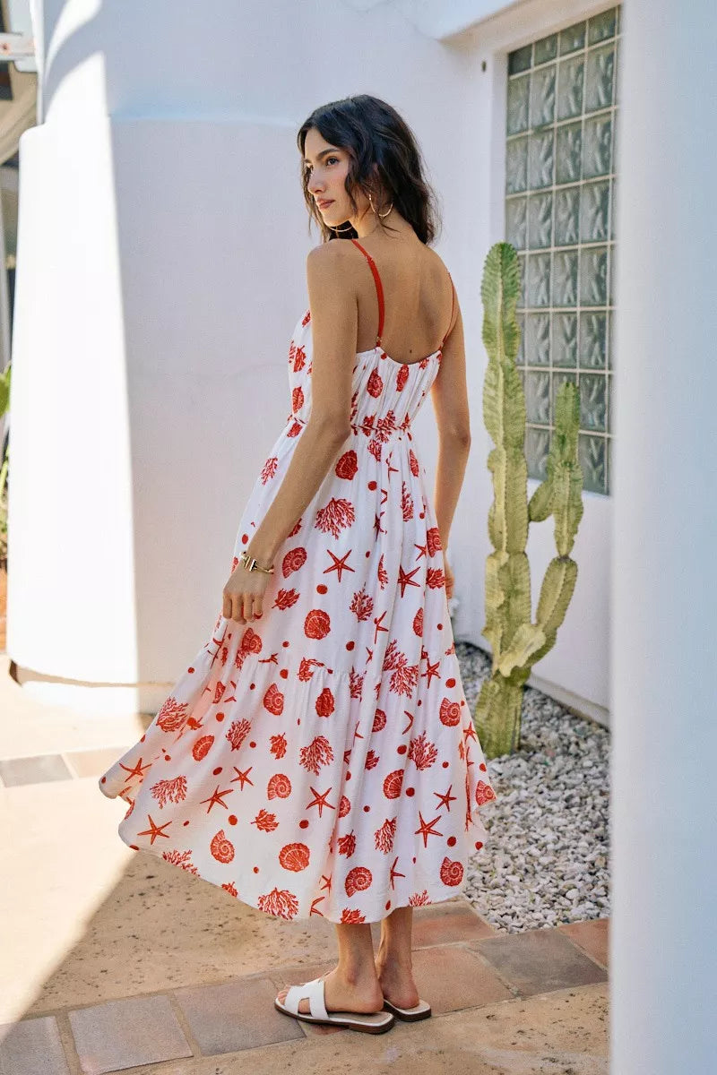 Sekhmet Shell Print Tiered Lined Midi Cami Dress With Belt — view 6