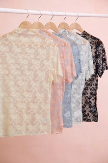 Morrigan High Neckline Short Sleeves Bow Pattern Mesh Top — thumbnail 17