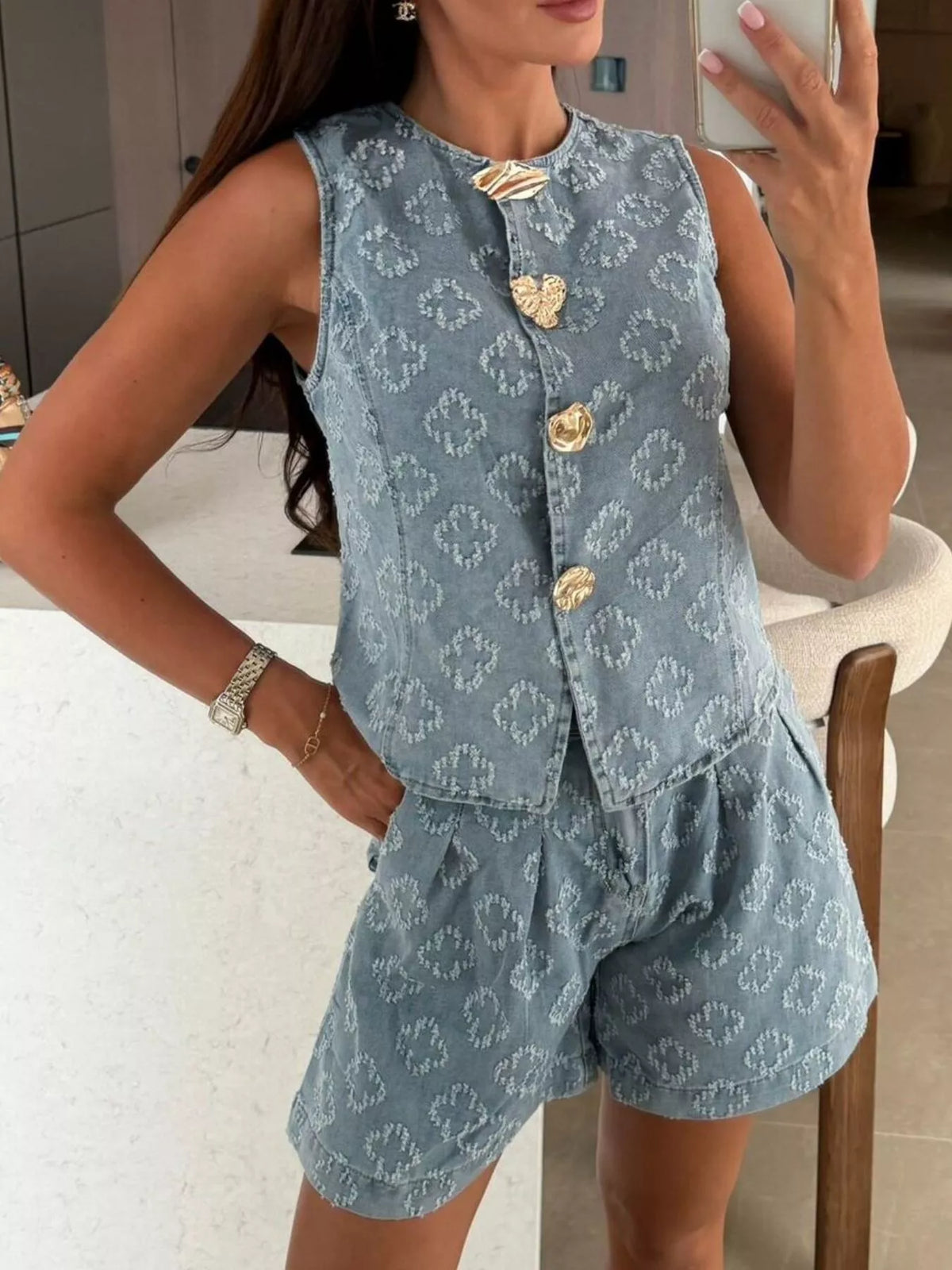 Oshun Embossed Vest and Shorts Denim Set with Gold-Tone Buttons — view 4