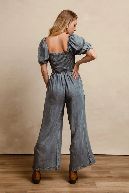 Hera Smocked Washed Puff Sleeve Square Neck Denim Jumpsuit — view 5