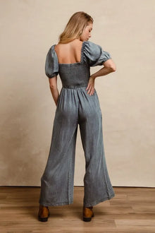 Hera Smocked Washed Puff Sleeve Square Neck Denim Jumpsuit — thumbnail 5