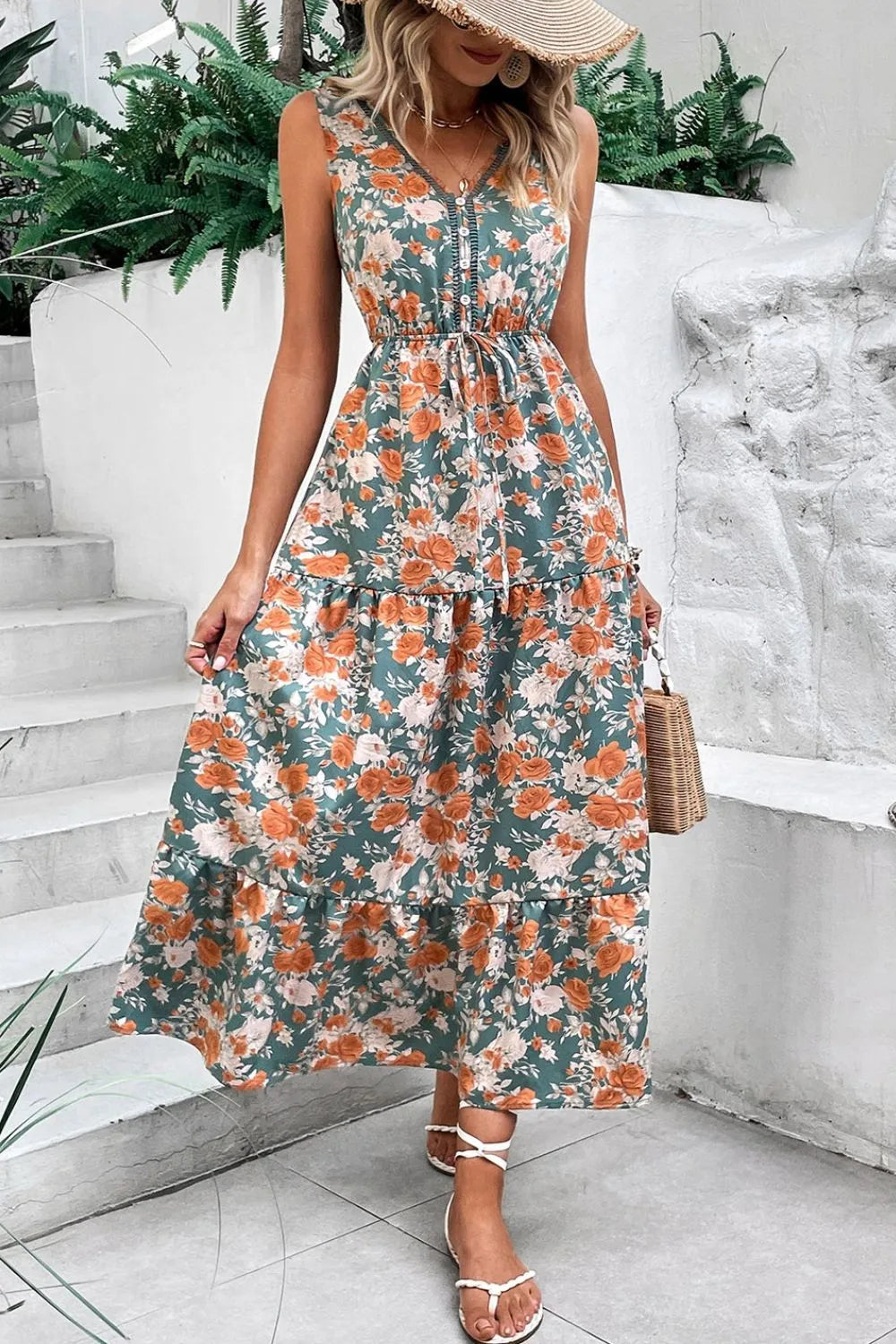 Persephone Floral Print Trimmed V Neck Tie Waist Sleeveless Dress — view 1