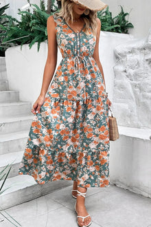Persephone Floral Print Trimmed V Neck Tie Waist Sleeveless Dress — thumbnail 1