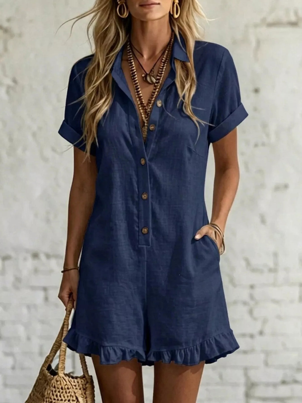 Demeter Button Front Ruffled Hem Romper — view 1