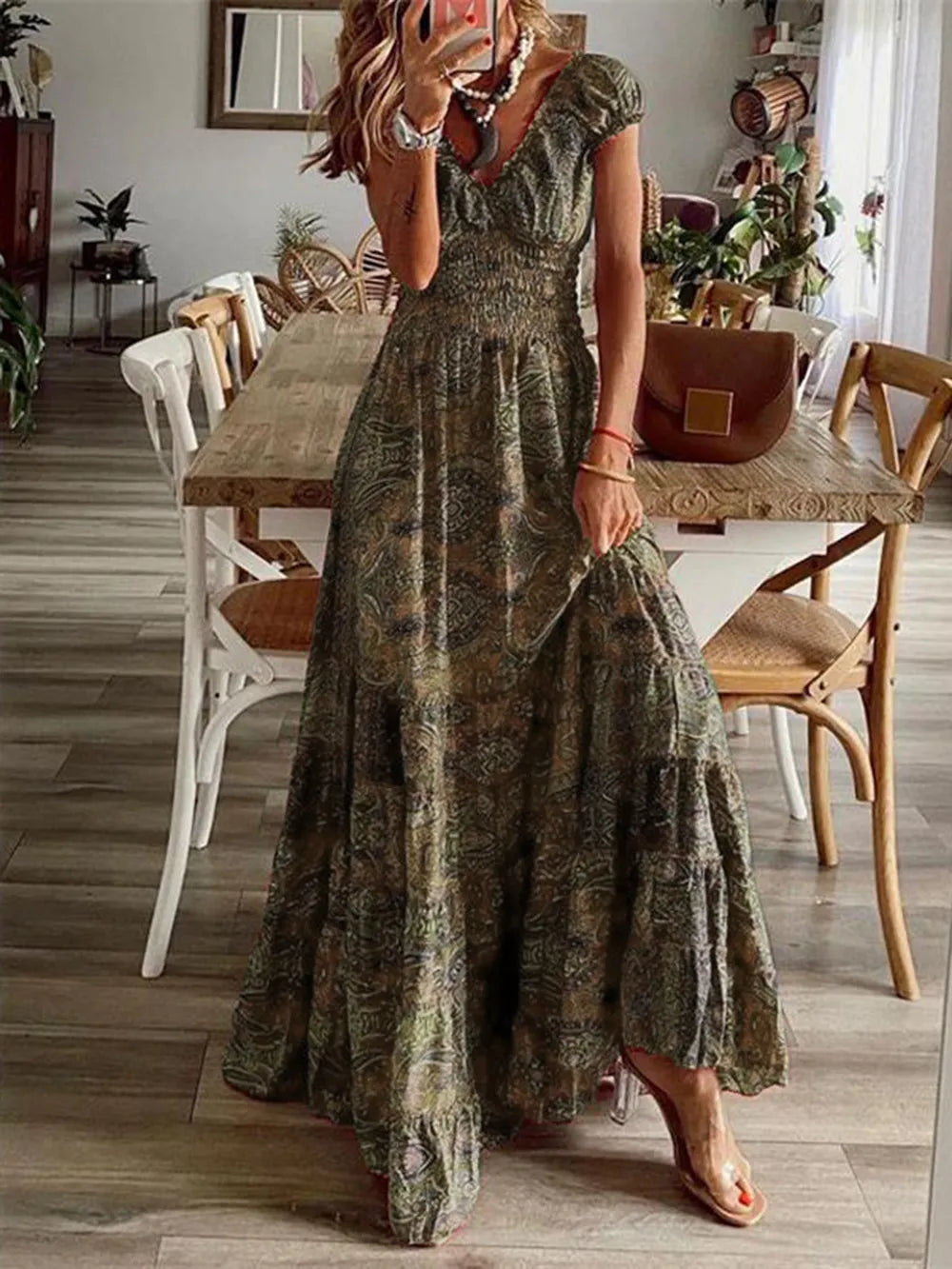 Pele Smocked Printed V-Neck Short Sleeve Dress — view 18