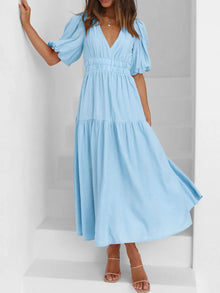 Persephone V-Neck Puff Sleeve Midi Dress — thumbnail 1