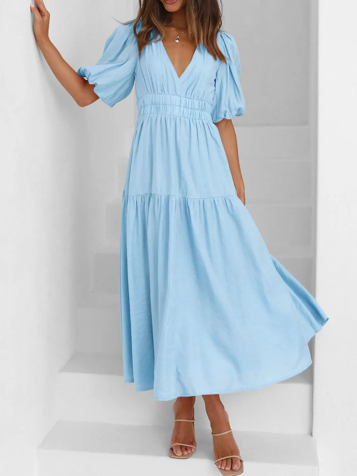 Persephone V-Neck Puff Sleeve Midi Dress