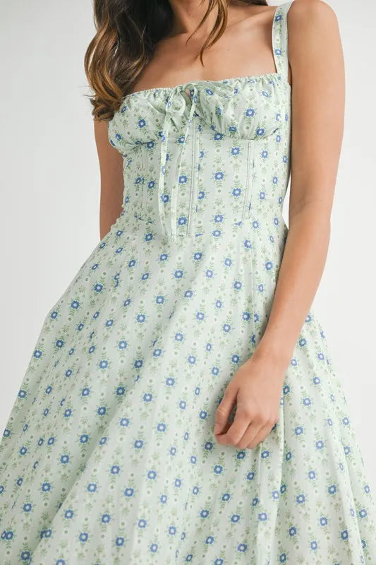 Olwen Floral Print Bustier Back Lace Up Midi Dress — view 9