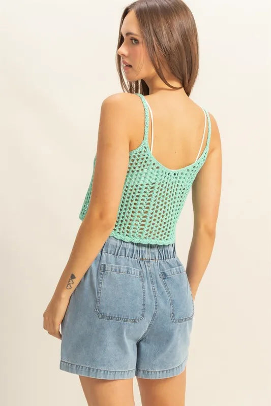 Brigid Scoop Neck Cropped Crochet Cover Up Cami styled in the studio