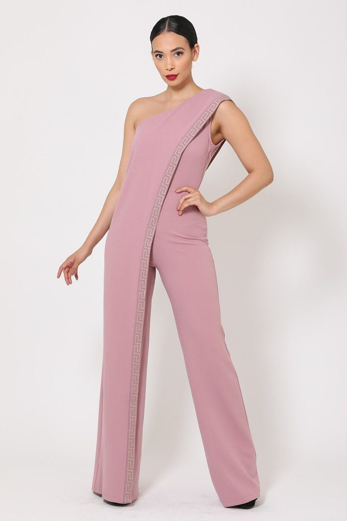 Juno One Shoulder Greek Border Pattern Jumpsuit