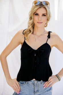 Ishtar Cutout Detail Ruched Twist Bow Sweetheart Neckline Smocked Back Ribbon Tie Spaghetti Strap Cami Top — thumbnail 1