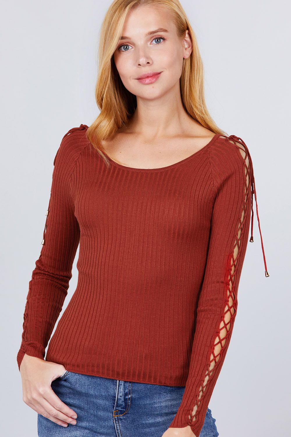 Demeter Long Sleeve W/strappy Detail Round Neck Rib Sweater Top — view 1