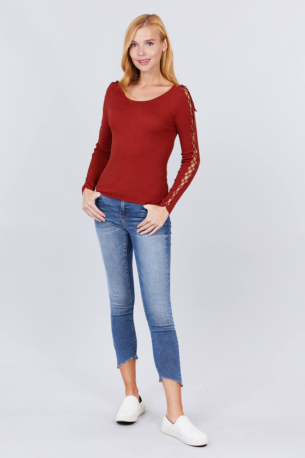 Demeter Long Sleeve W/strappy Detail Round Neck Rib Sweater Top — view 2
