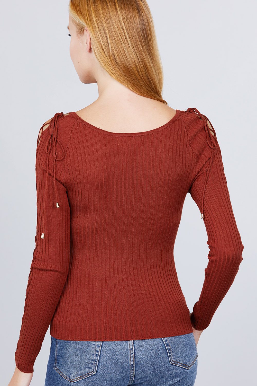 Demeter Long Sleeve W/strappy Detail Round Neck Rib Sweater Top — view 5