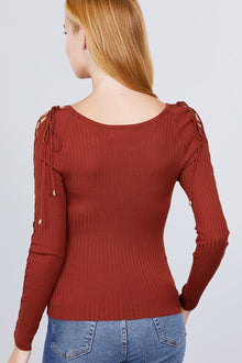 Demeter Long Sleeve W/strappy Detail Round Neck Rib Sweater Top — thumbnail 5