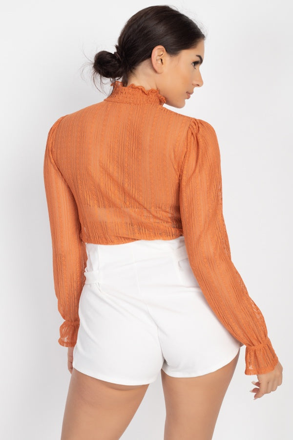 Juno Ruffle Mock Neck Lace Top — view 5