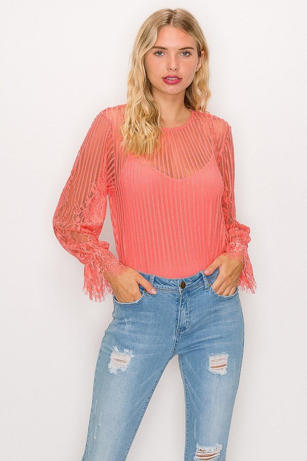 Eos Lace Trim Shadow Stripe Bodysuit