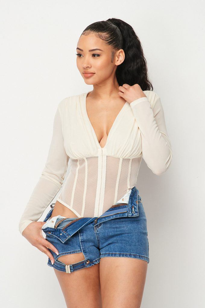 Hecate Fishnet Sheer Mesh Back Deep V Neck Bodysuit