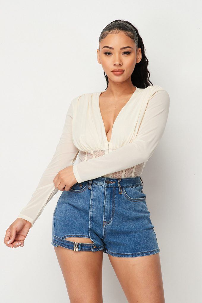 Hecate Fishnet Sheer Mesh Back Deep V Neck Bodysuit styled in the studio