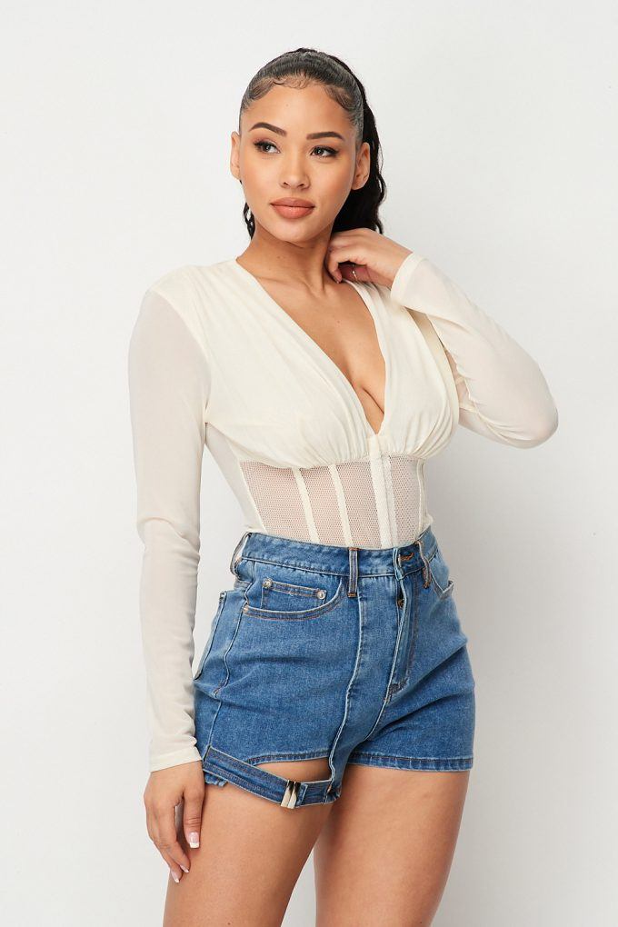 Hecate Fishnet Sheer Mesh Back Deep V Neck Bodysuit — view 4