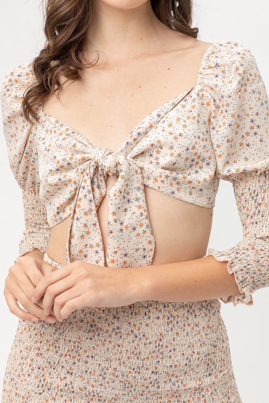 Rhea Front Tie Woven Printed Top styled in the studio