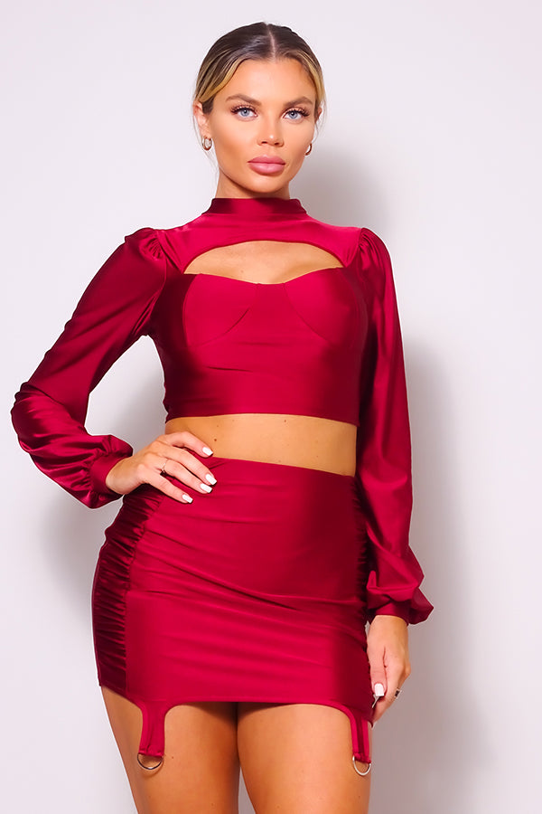 Ishtar Puff Long Sleeve Front Cutout Turtleneck Blouse & Side Ruched Garter Mini Skirt Set