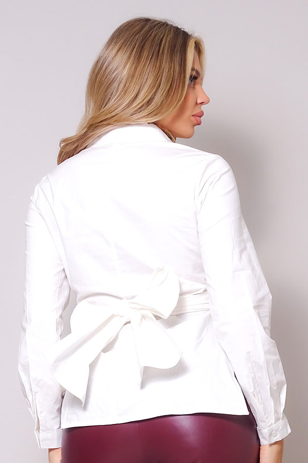 Eir Long Sleeve Crossed Front Back Tie Button Down Cropped Shirt — view 5