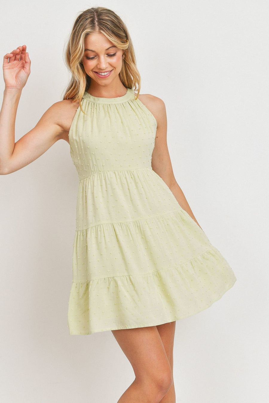Juno Roundneck Sleeveless Dotted Swiss Dress styled in the studio
