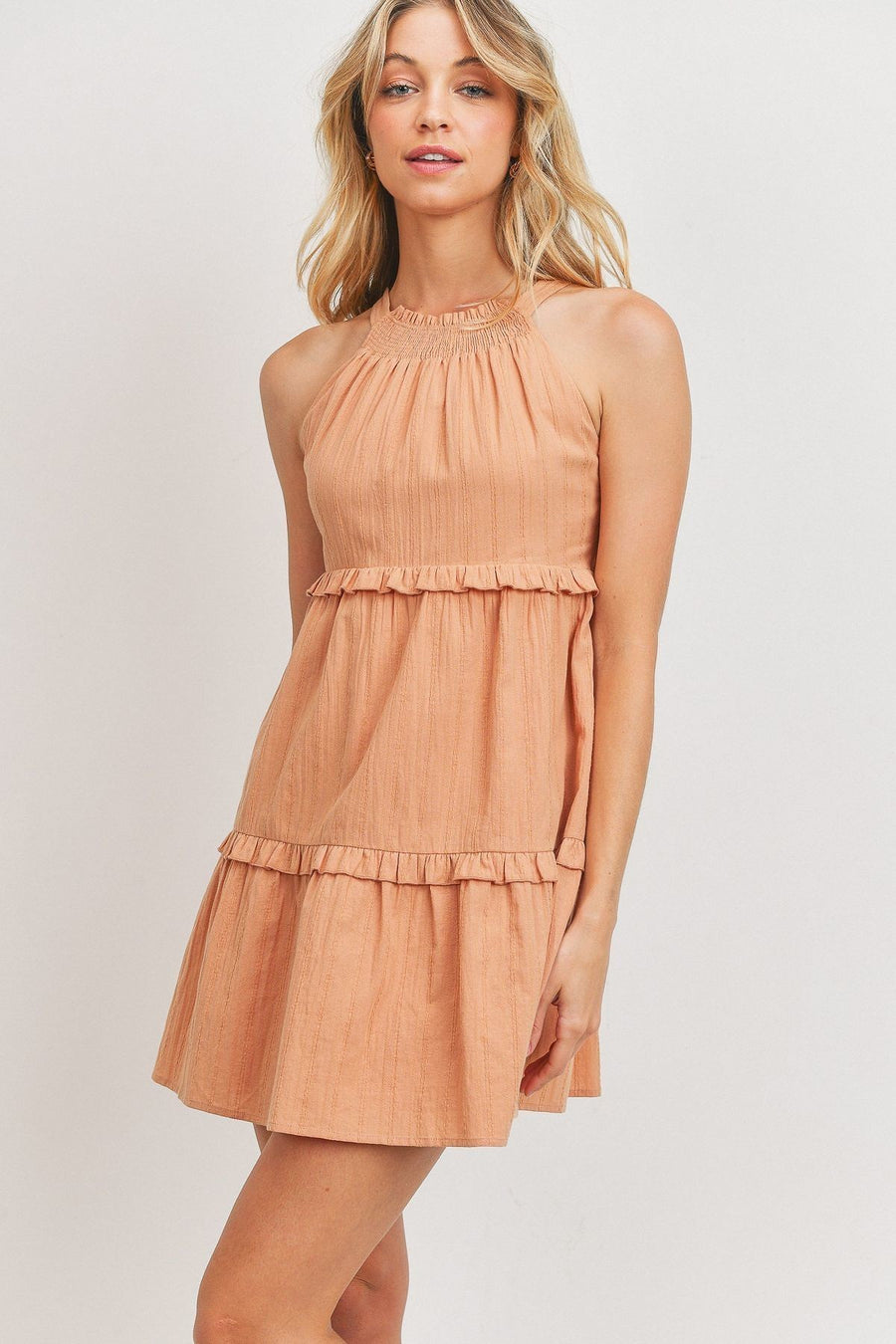 Hathor Textured Woven Fabric With Tiered Sl Dress styled in the studio