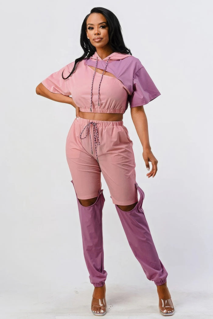 Vesta Pants Set In Color Block With Hoodie And Detachable Bottom Part