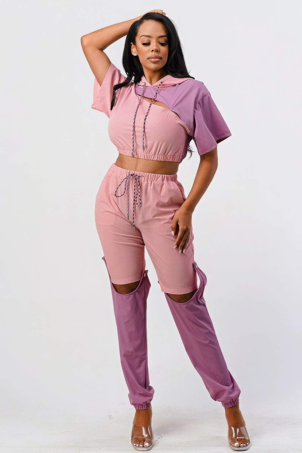 Vesta Pants Set In Color Block With Hoodie And Detachable Bottom Part — view 2