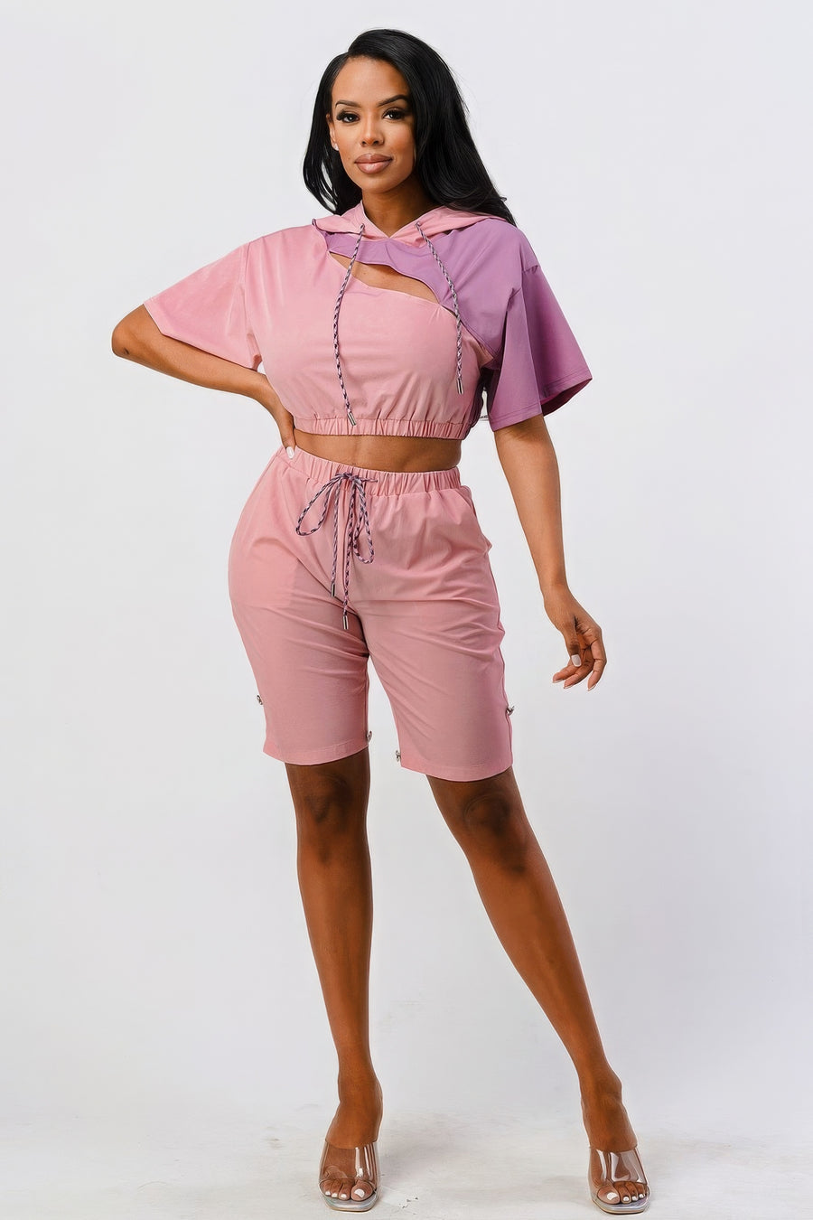 Vesta Pants Set In Color Block With Hoodie And Detachable Bottom Part styled in the studio