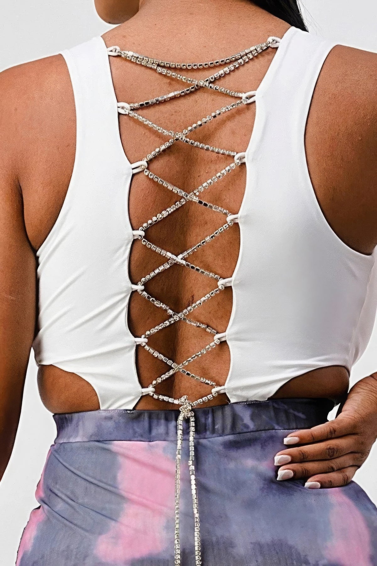 Ishtar White Sleeveless Top With Detachable Rhinestone Cross Open Back With Bodycon Tie Dye Ruched Mini Dress — view 4
