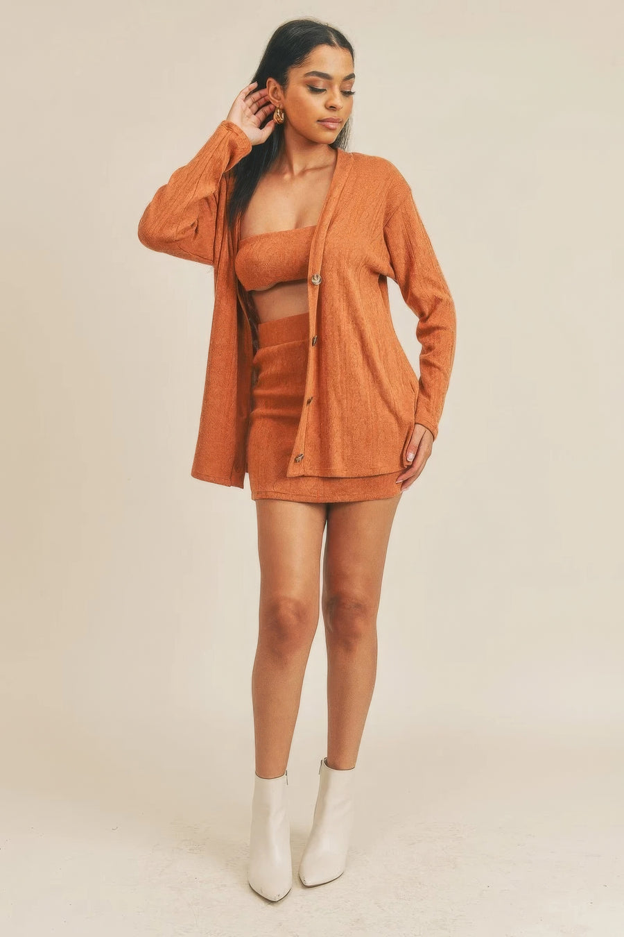 Vesta Cardigan Solid Color 3 Piece Set styled in the studio
