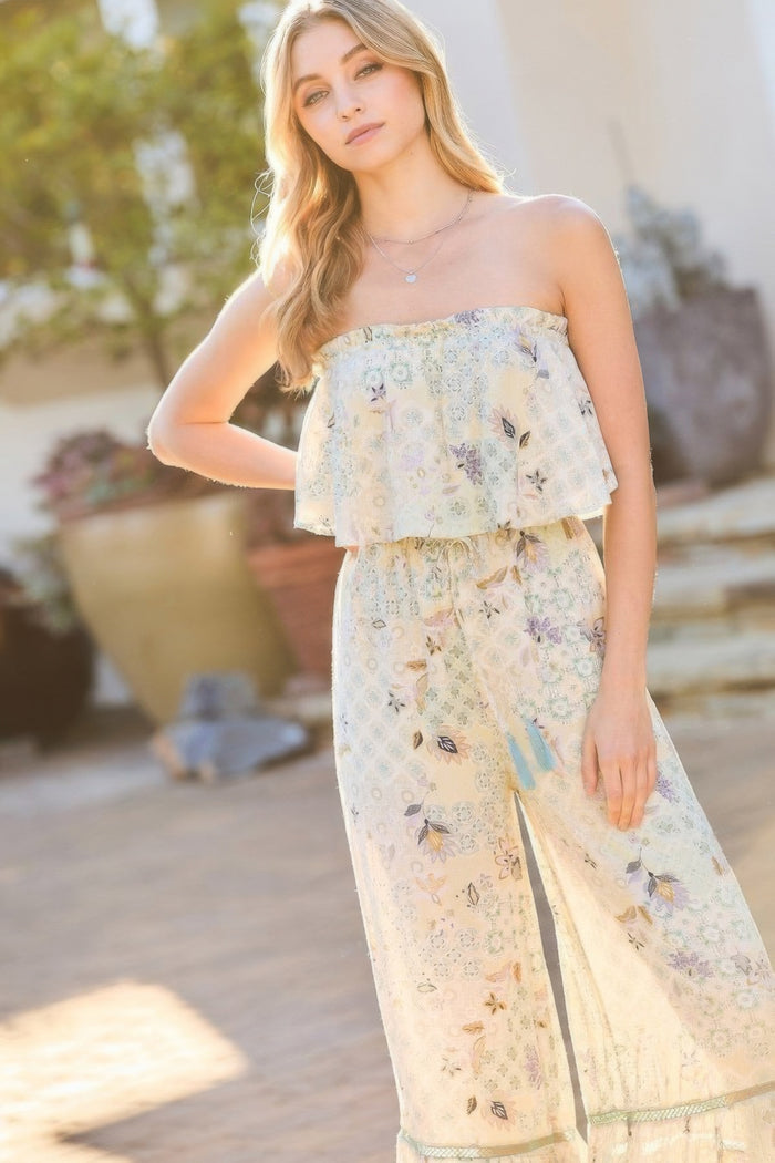 Hera Tube Top With Tier Ruffle Waist Elastic Bottom Lace Trim Jumpsuit