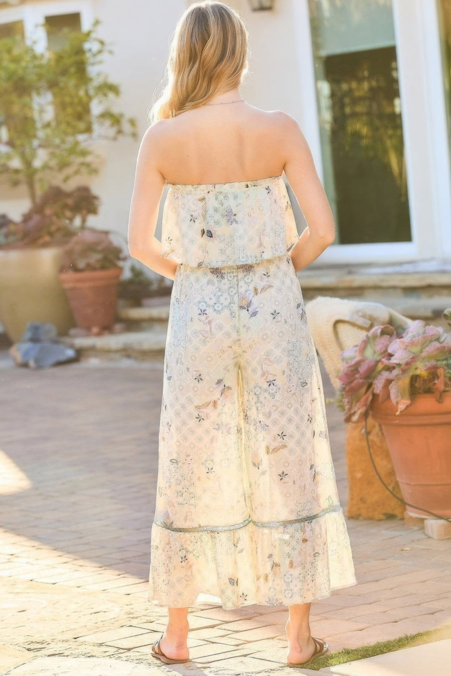 Hera Tube Top With Tier Ruffle Waist Elastic Bottom Lace Trim Jumpsuit styled in the studio