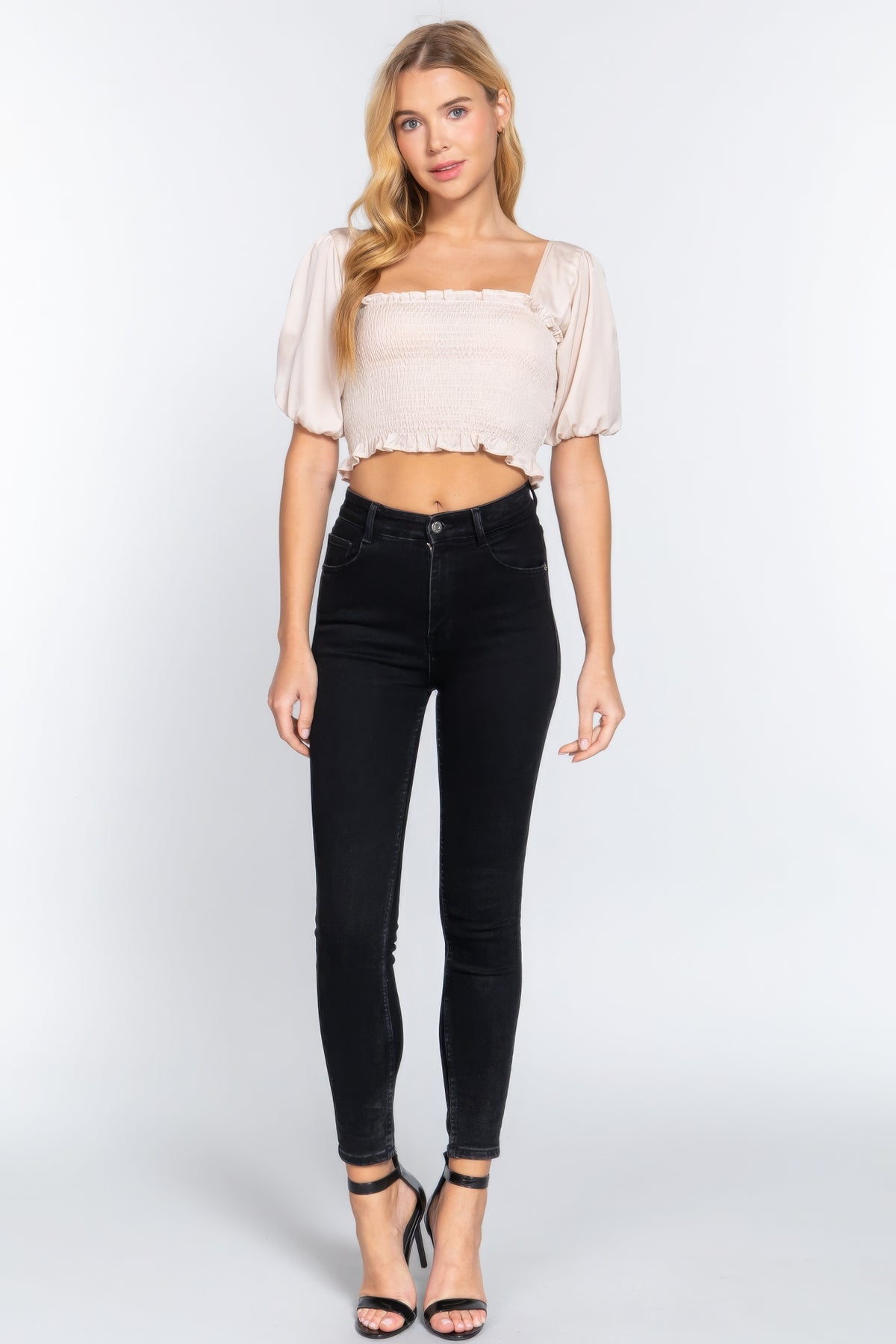 Isis Elbow Sleeve Straight Neck Smocking W/ruffle Detail Woven Top — view 2
