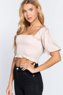 Isis Elbow Sleeve Straight Neck Smocking W/ruffle Detail Woven Top — thumbnail 3