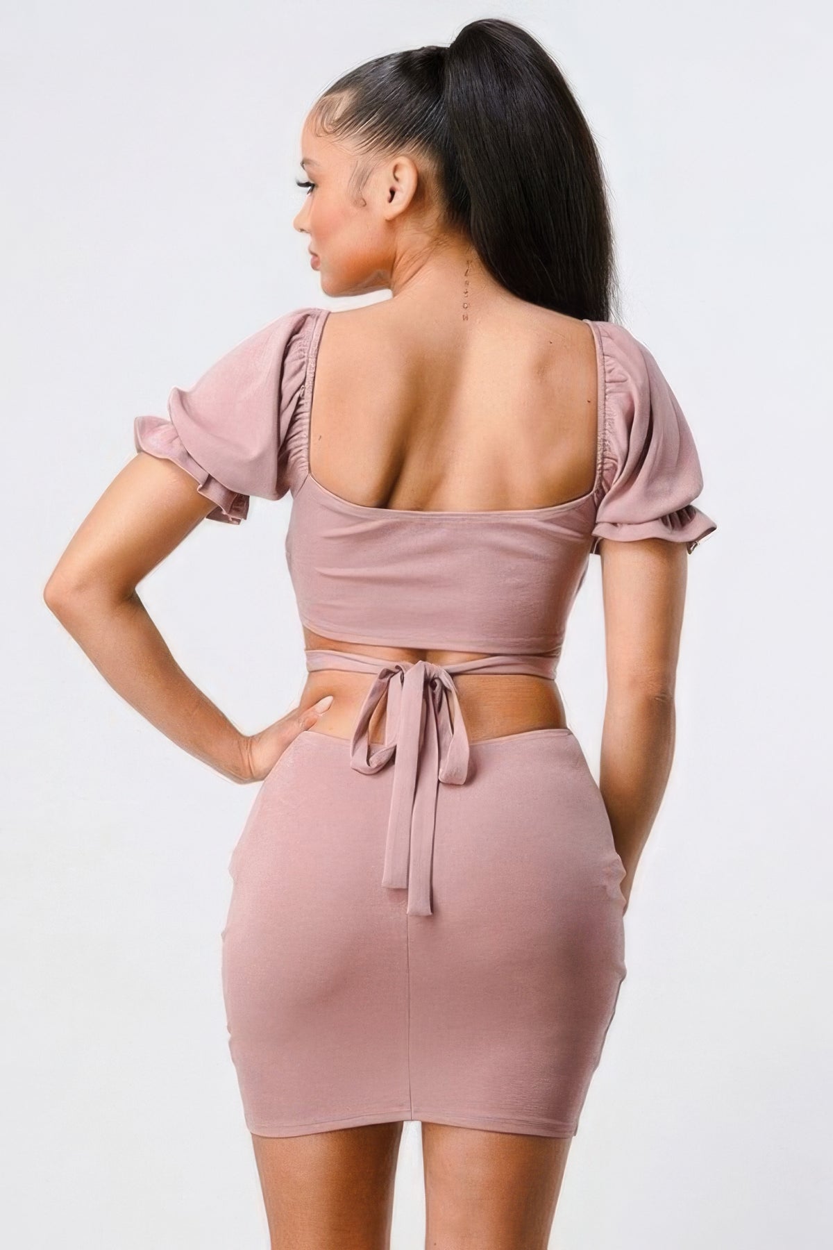 Inanna Lux Side Cutout W/ Back Tie Detail Bodycon Dress — view 4