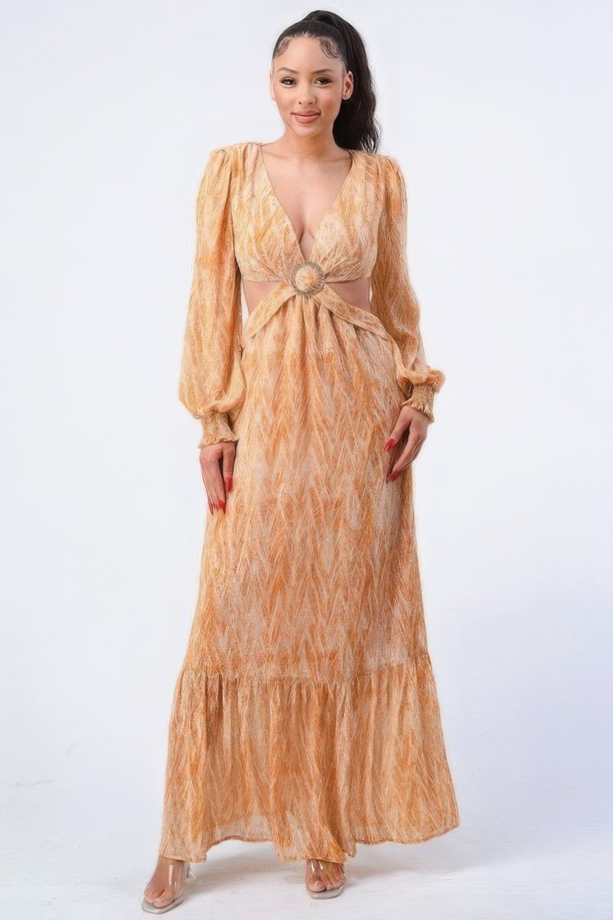 Amaterasu Printed V Neck Self Belted Side Cut Out Ruffled Maxi Dress — view 1