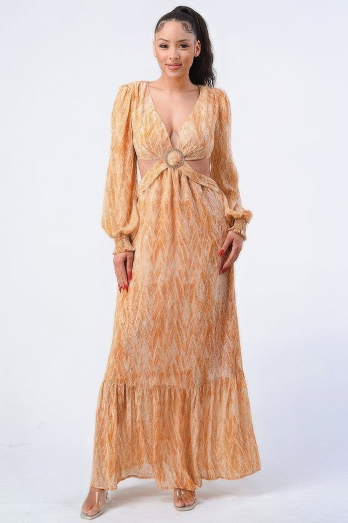 Amaterasu Printed V Neck Self Belted Side Cut Out Ruffled Maxi Dress