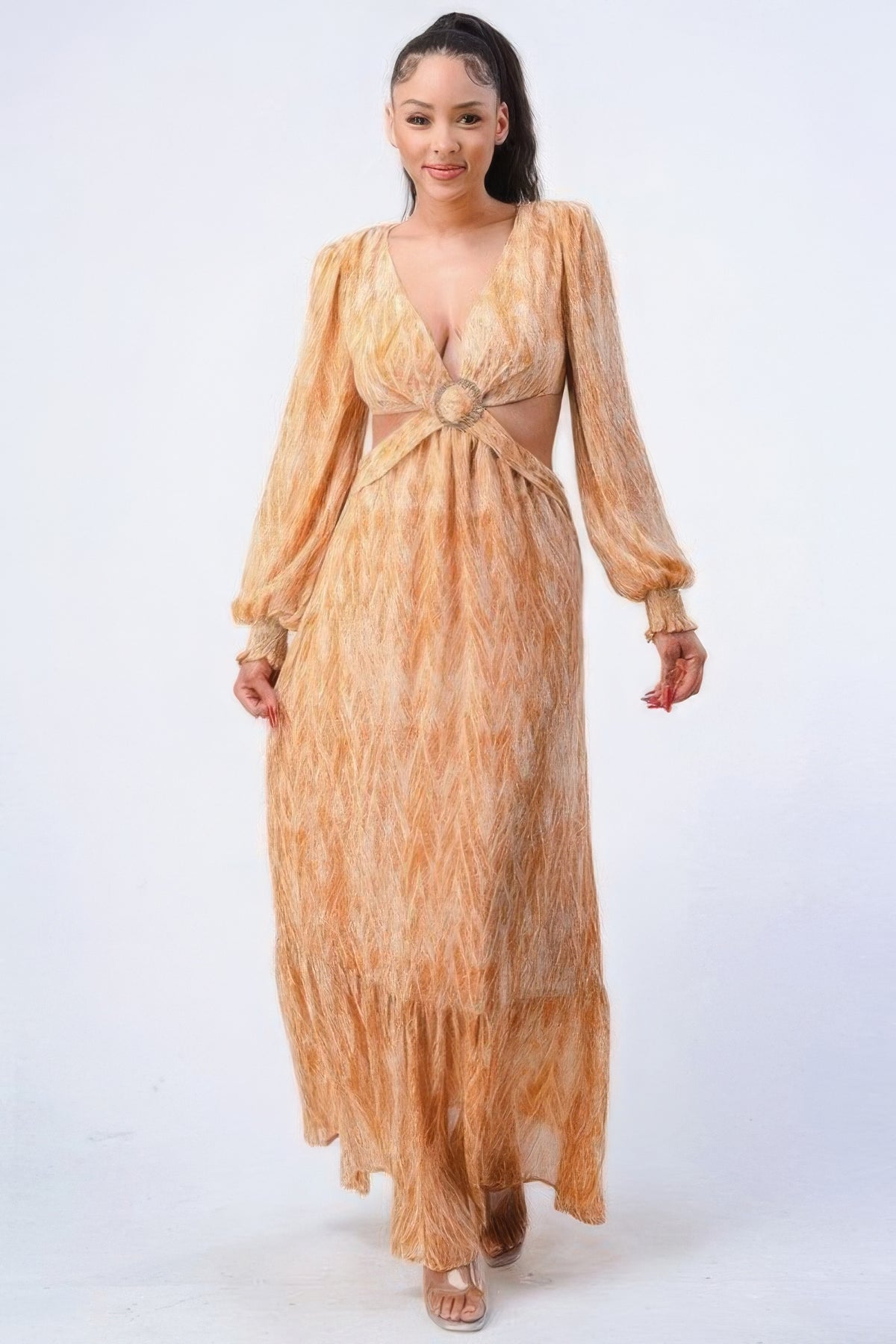 Amaterasu Printed V Neck Self Belted Side Cut Out Ruffled Maxi Dress — view 2