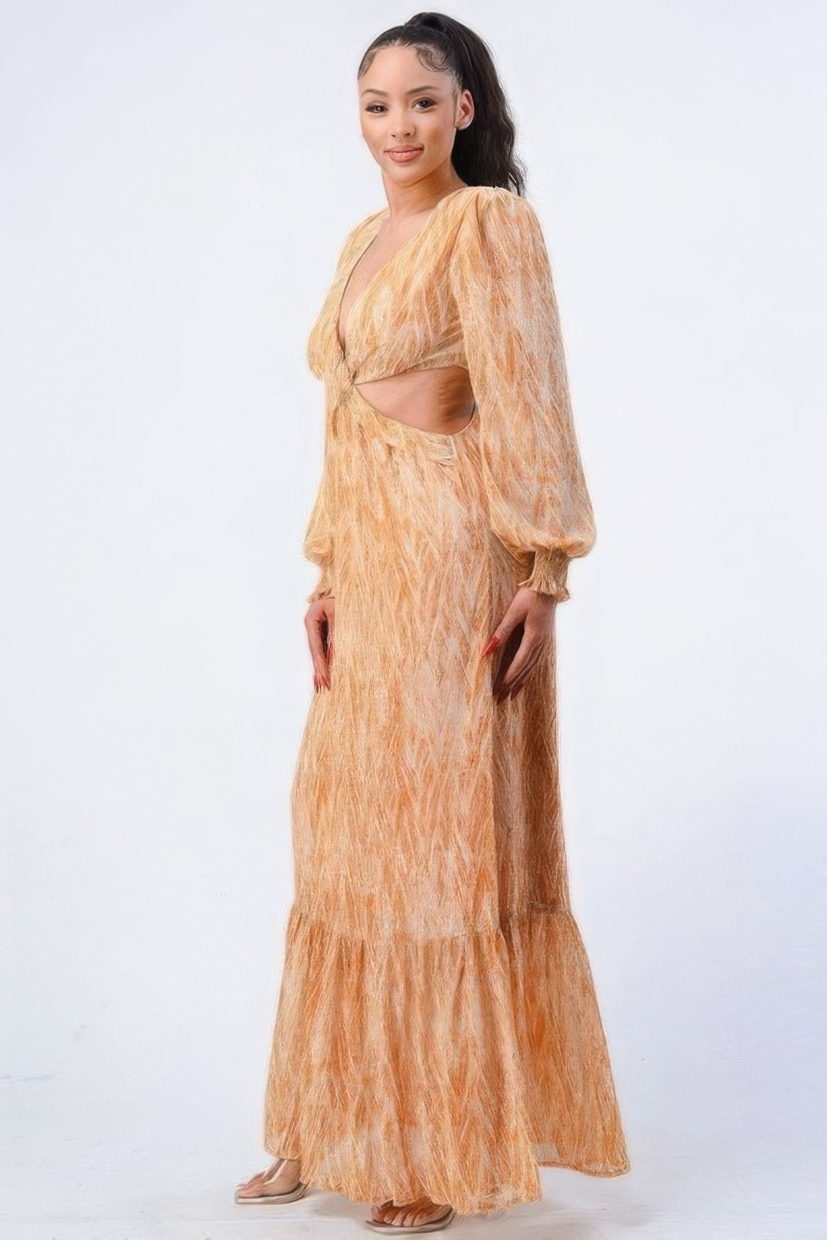 Amaterasu Printed V Neck Self Belted Side Cut Out Ruffled Maxi Dress — view 3