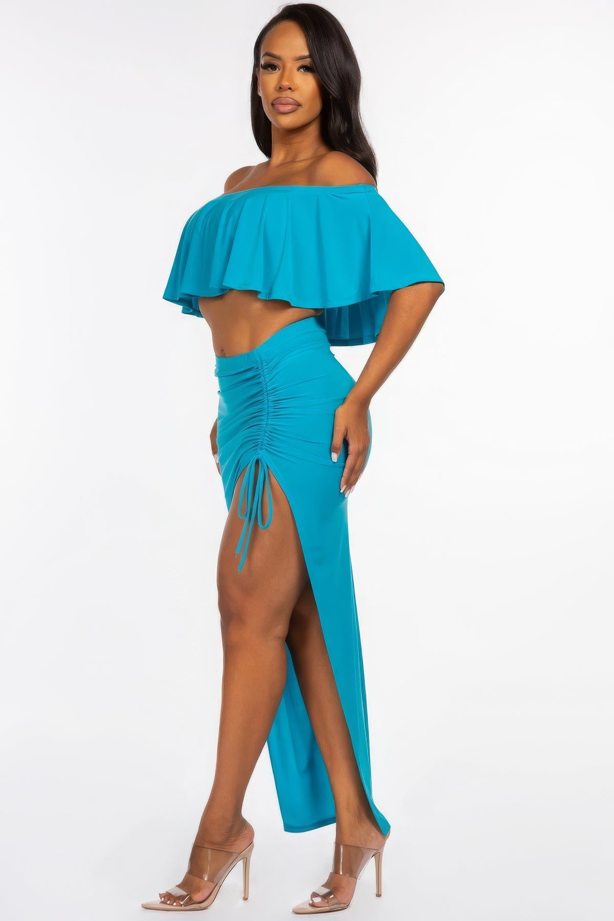Isis Solid Ity Off The Shoulder Ruffled Cropped Top And Ruched Maxi Skirt Two Piece Set — view 2