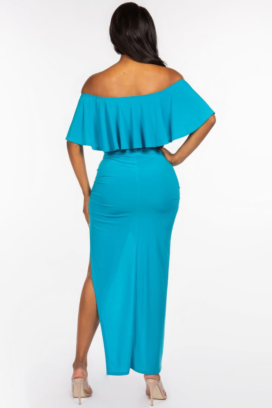 Isis Solid Ity Off The Shoulder Ruffled Cropped Top And Ruched Maxi Skirt Two Piece Set styled in the studio